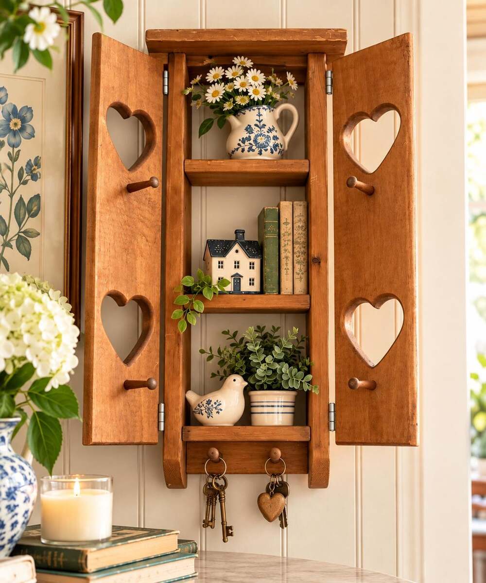 Vintage 1980s Wooden Heart Cutout Wall Shelf Cabinet Swing Open Doors Cottage